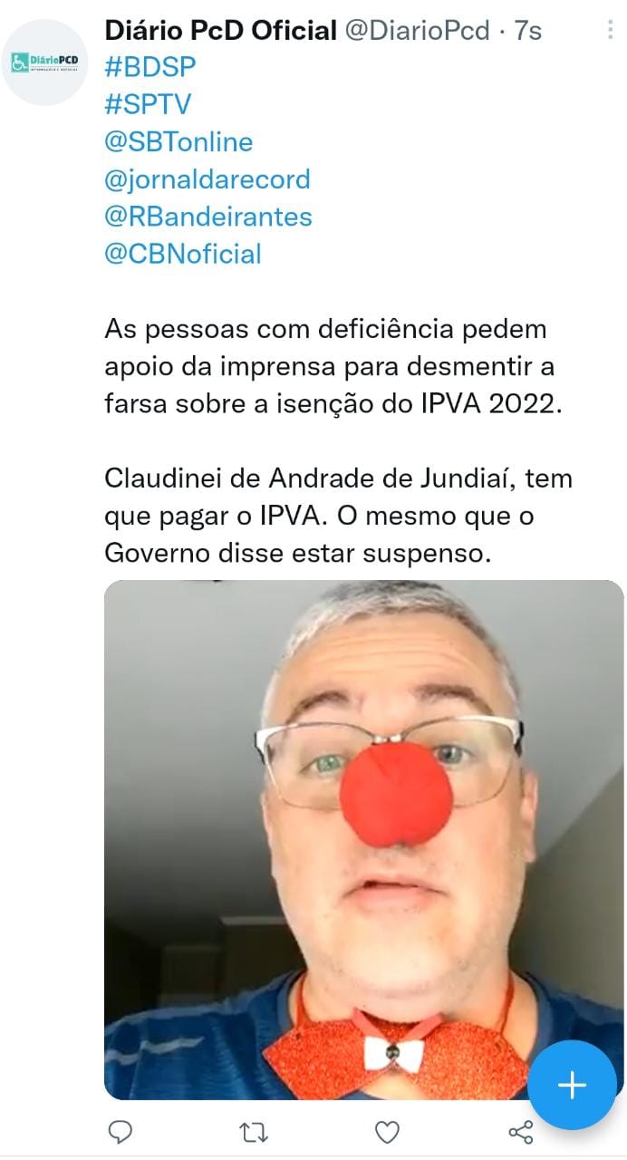 Publicação do Diário PcD no Twitter, marcando outros órgãos de imprensa