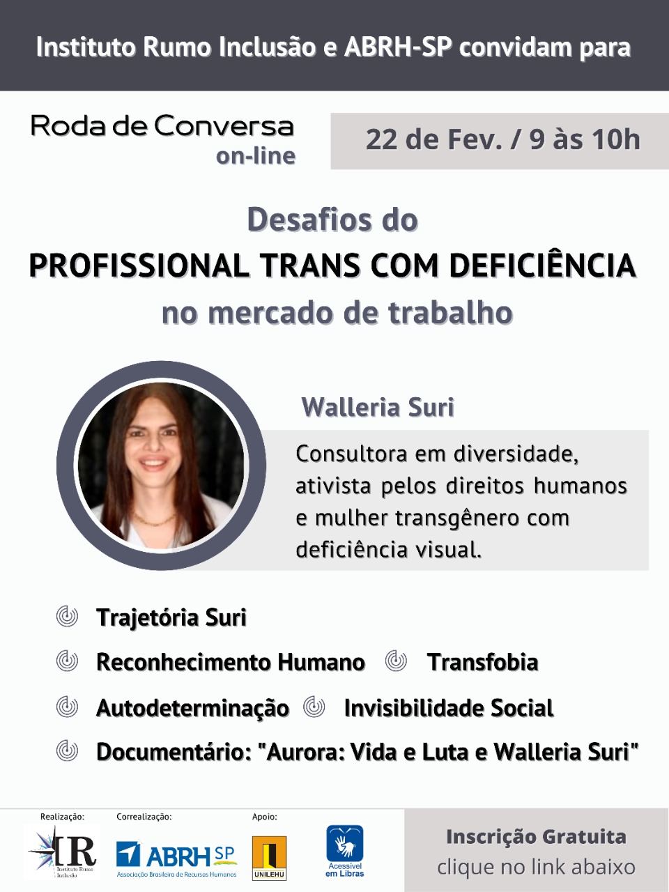 Roda de Conversa on-lin acontece na próxima terça-feira, 22, das 9h às 10h. Organização é do Instituto Rumo Inclusão e ABRH-SP