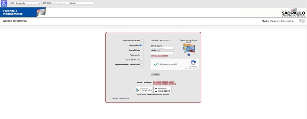 Site para consulta de créditos da Nota Fiscal Paulista — Foto: Reprodução