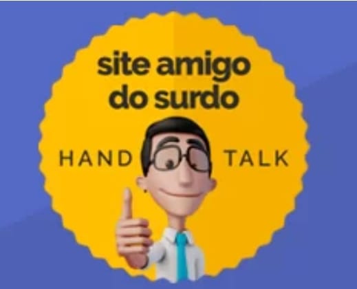 #PRATODOSVEREM: um quadro com fundo azul. No centro, um círculo em cor amarela. Destaque para o texto: SITE AMIGO DO SURDO - HAND TALK. Ao centro desse círculo a imagem do Hugo, uma imagem ilustrativa de um homem, com camisa branca, gravata azul, cabelo preto, com óculos de haste escura e lente transparente. Ele faz o sinal de positivo. FIM DA DESCRIÇÃO