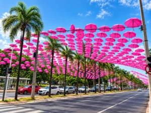 Guarda-chuvas rosas transformam Praça em Goiânia em ponto de alerta para o câncer de mama