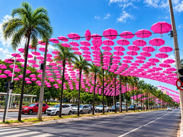 Guarda-chuvas rosas transformam Praça em Goiânia em ponto de alerta para o câncer de mama